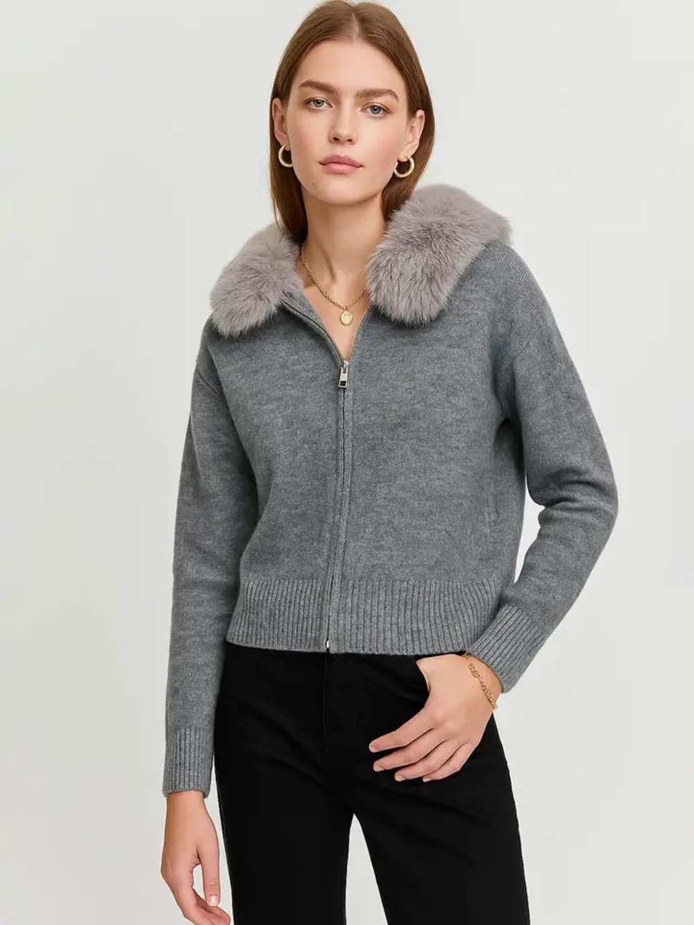 Magaschoni (Vintage) | S | 100% Cashmer Zip-up Sweater with Rabit Fur Collar